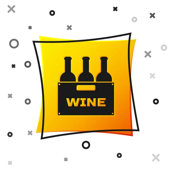 Svarta flaskor vin i en trälåda ikon isolerad på vit bakgrund. Vinflaskor i en trälåda ikon. Gul fyrkantig knapp. Vektor illustration — Stock vektor