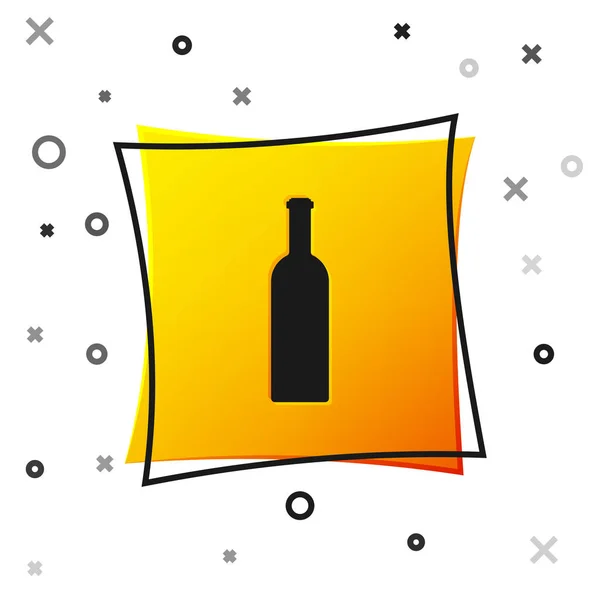 Beyaz arka planda izole şarap simgesi Siyah Şişe. Sarı kare düğmesi. Vektör İllüstrasyonu — Stok Vektör