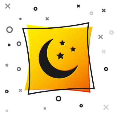 Siyah Ay ve yıldızlar simgesi beyaz arka planda izole. Sarı kare düğmesi. Vektör İllüstrasyonu