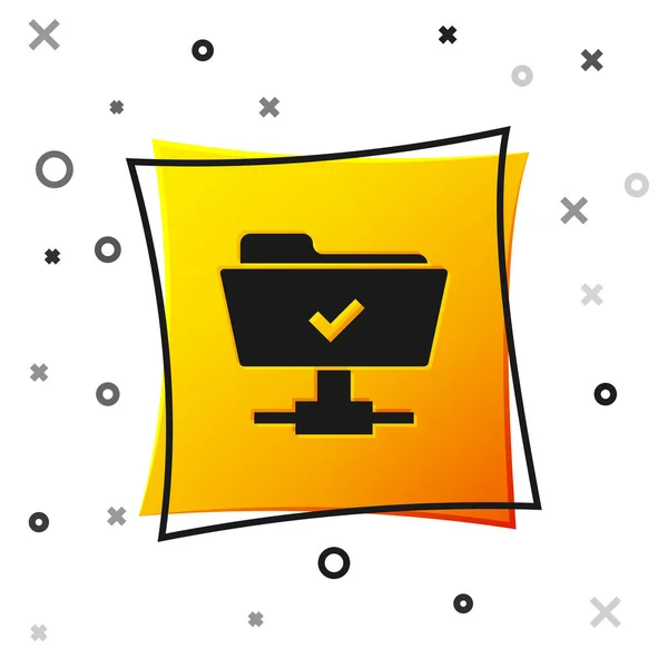 Black FTP operation successful icon on white background. Concept of software update, transfer protocol, teamwork tool management, copy process. Yellow square button. Vector Illustration — Stock Vector
