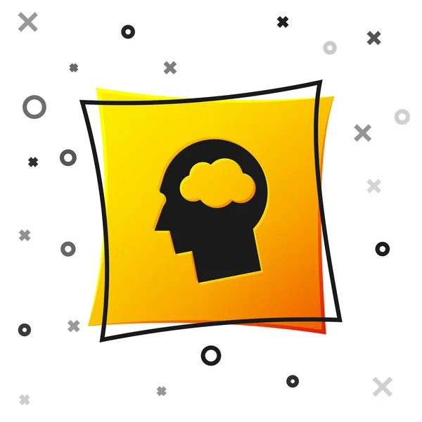 Schwarze Kopf-Silhouette mit Wolkensymbol auf weißem Hintergrund. Traumzeichen. gelber quadratischer Knopf. Vektorillustration — Stockvektor