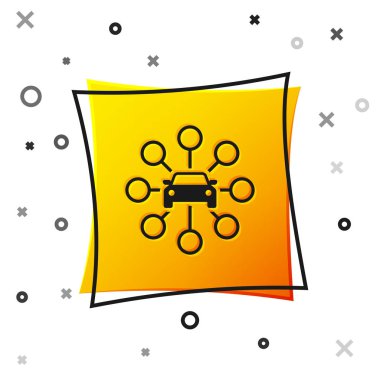 Siyah Araba paylaşım simgesi beyaz arka planda yalıtılmış. Araba paylaşım işareti. Ulaşım kiralama hizmeti konsepti. Sarı kare düğmesi. Vektör İllüstrasyonu