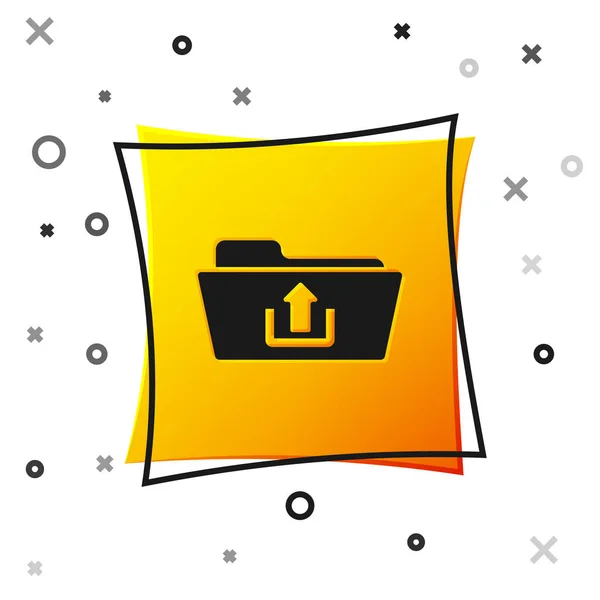 Ícone de upload de pasta preta isolado no fundo branco. Botão quadrado amarelo. Ilustração vetorial —  Vetores de Stock