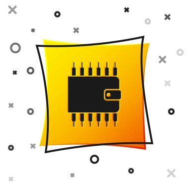 Beyaz arka planda yalıtılmış Siyah Cryptocurrency cüzdan simgesi. Cüzdan ve bitcoin işareti. Madencilik konsepti. Para, ödeme, nakit, ödeme simgesi. Sarı kare düğmesi. Vektör İllüstrasyonu