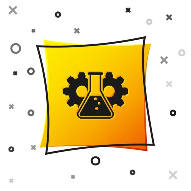 Siyah Biyomühendislik simgesi beyaz arka plan üzerinde izole. Genetik ve biyomühendislik simgesinin unsuru. Biyoloji, molekül, kimyasal ikon. Sarı kare düğmesi. Vektör İllüstrasyonu