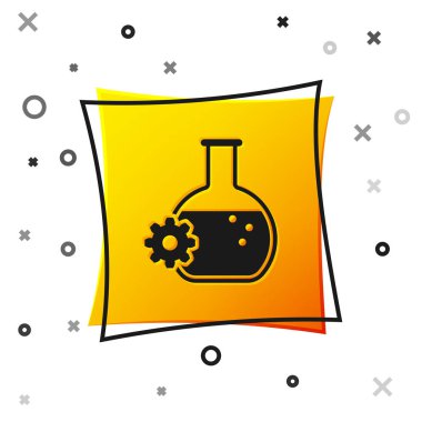 Siyah Biyomühendislik simgesi beyaz arka plan üzerinde izole. Genetik ve biyomühendislik simgesinin unsuru. Biyoloji, molekül, kimyasal ikon. Sarı kare düğmesi. Vektör İllüstrasyonu