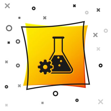 Siyah Biyomühendislik simgesi beyaz arka plan üzerinde izole. Genetik ve biyomühendislik simgesinin unsuru. Biyoloji, molekül, kimyasal ikon. Sarı kare düğmesi. Vektör İllüstrasyonu
