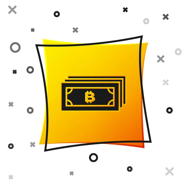 Criptomoeda preta conceito bitcoin em círculo com ícone de circuito de microchip isolado no fundo branco. Tecnologia Blockchain, mercado monetário digital. Botão quadrado amarelo. Ilustração vetorial —  Vetores de Stock