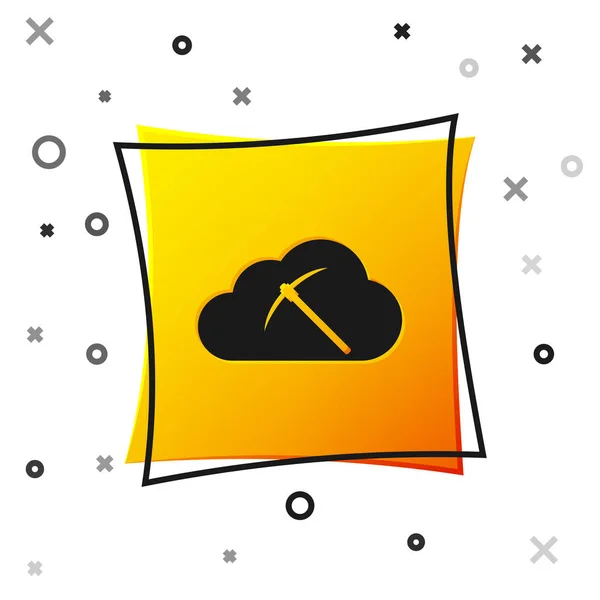 Zwarte Cryptogeld Cloud Mining icoon geïsoleerd op witte achtergrond. Wolk met pickaxe, bitcoin, altcoins, digitale geldmarkt, crypto munt portemonnee. Gele vierkante knop. Vector illustratie — Stockvector