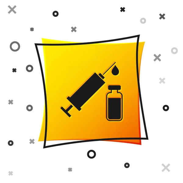 Black Medical syringe with needle and vial or ampoule icon isolated on white background. Vaccination, injection, vaccine, insulin concept. Yellow square button. Vector Illustration — ストックベクタ