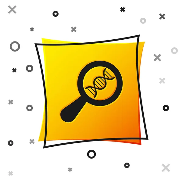 Black DNA research, search icon isolated on white background. Magnifying glass and dna chain. Genetic engineering, cloning, paternity testing. Yellow square button. Vector Illustration — Stock Vector