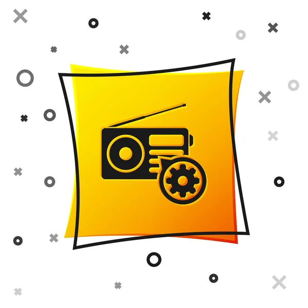 Black Radio with antenna and gear icon isolated on white background. Adjusting app, service concept, setting options, maintenance, repair, fixing. Yellow square button. Vector Illustration — Stock Vector