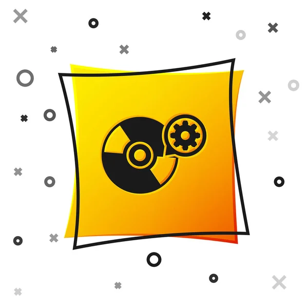 CD o DVD negro e icono de engranaje aislado sobre fondo blanco. Ajustar la aplicación, concepto de servicio, opciones de configuración, mantenimiento, reparación, fijación. Botón cuadrado amarillo. Ilustración vectorial — Vector de stock