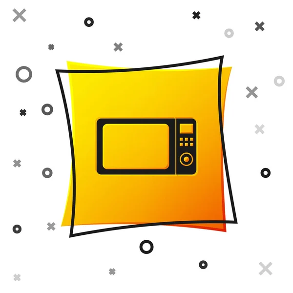 Icono horno microondas negro aislado sobre fondo blanco. Artefactos para el hogar icon.Yellow botón cuadrado. Ilustración vectorial — Vector de stock