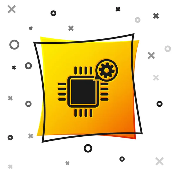 Procesador negro e icono de engranaje aislado sobre fondo blanco. CPU, concepto de servicio de chips. Ajustar la aplicación, opciones de configuración, mantenimiento, reparación, fijación. Botón cuadrado amarillo. Ilustración vectorial — Vector de stock