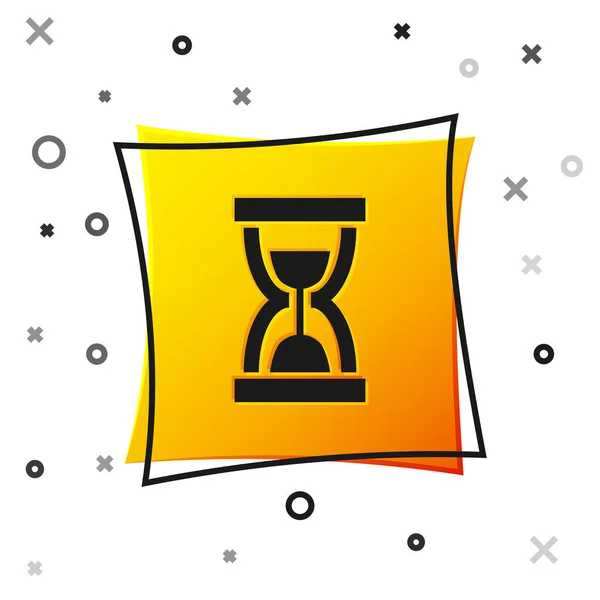 Black Old hourglass with flowing sand icon isolated on white background. Sand clock sign. Business and time management concept. Yellow square button. Vector Illustration — Stock Vector