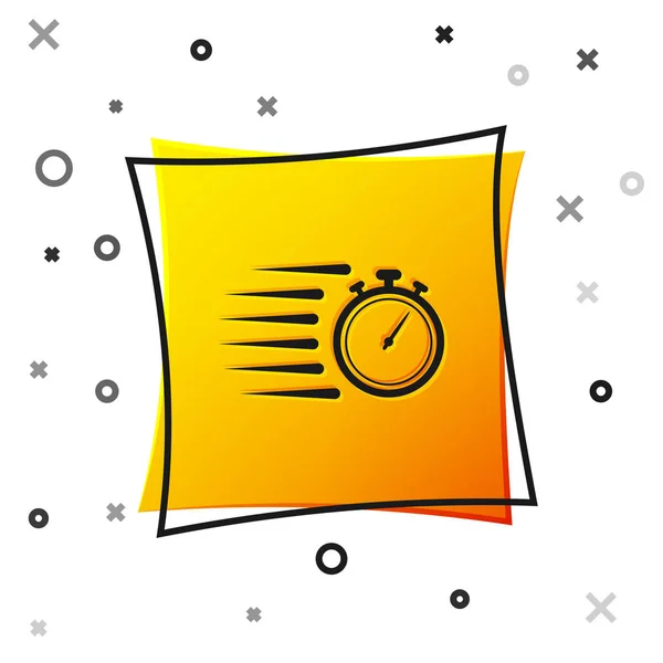 Schwarzes Stoppuhr-Symbol isoliert auf weißem Hintergrund. Zeitzeichen. Chronometerzeichen. gelber quadratischer Knopf. Vektorillustration — Stockvektor