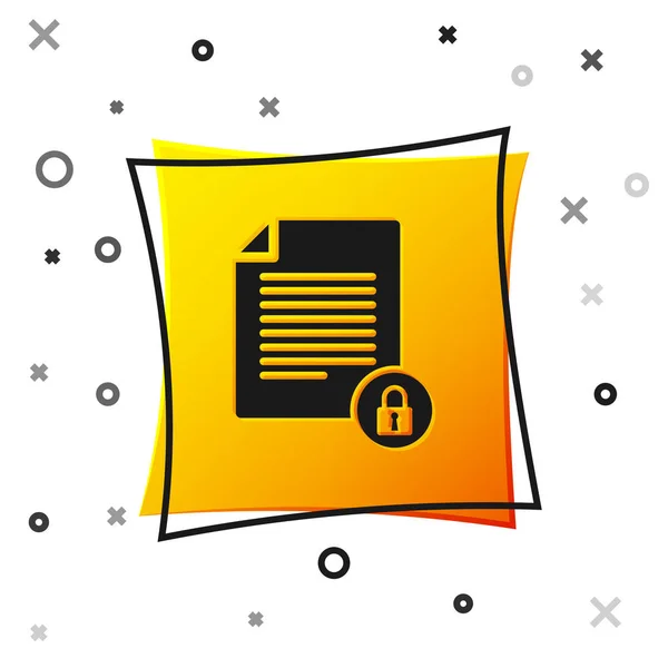 Black Document and lock icon isolated on white background. File format and padlock. Security, safety, protection concept. Yellow square button. Vector Illustration