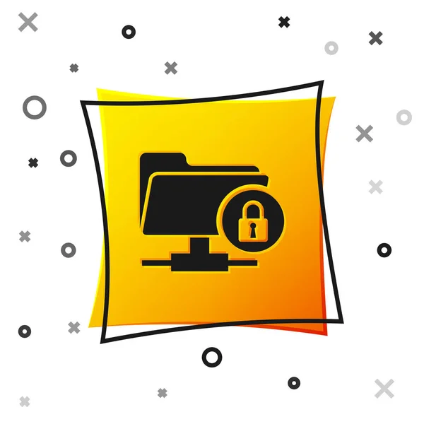 Black FTP folder and lock icon isolated on white background. Concept of software update, ftp transfer protocol. Security, safety, protection concept. Yellow square button. Vector Illustration — Stock Vector