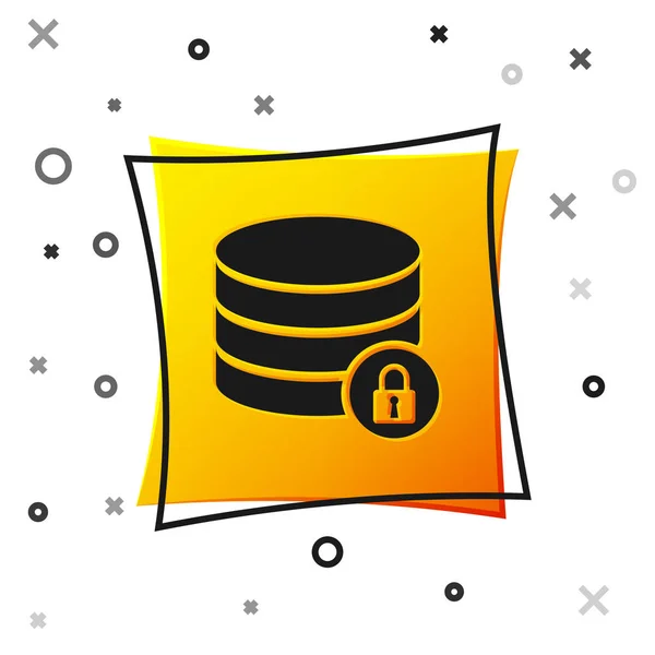 Seguridad del servidor negro con el icono de candado cerrado aislado sobre fondo blanco. Base de datos y bloqueo. Seguridad, seguridad, concepto de protección. Botón cuadrado amarillo. Ilustración vectorial — Vector de stock