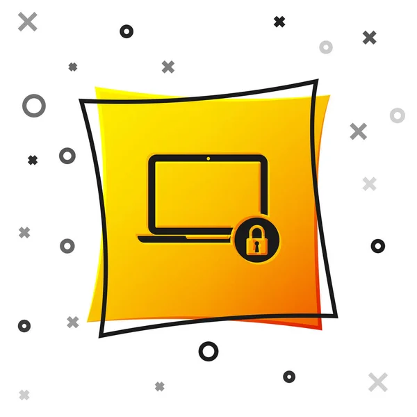 Laptop preto e ícone de bloqueio isolado no fundo branco. Computador e cadeado. Segurança, segurança, proteção conceito. Uma interrede segura. Botão quadrado amarelo. Ilustração vetorial — Vetor de Stock