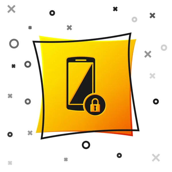 Black Smartphone with closed padlock icon isolated on white background. Phone with lock. Mobile security, safety, protection concept. Yellow square button. Vector Illustration — Stock Vector