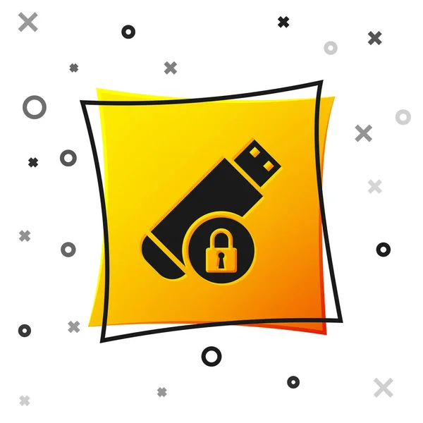 Clé USB noire avec icône cadenas fermée isolée sur fond blanc. Sécurité, sûreté, concept de protection. Bouton carré jaune. Illustration vectorielle — Image vectorielle