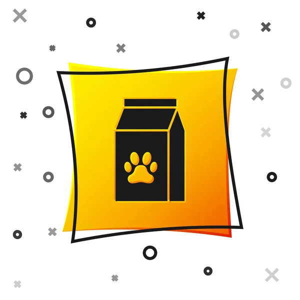 Black Bag of food for pet icon isolated on white background. Food for animals. Pet food package. Dog or cat paw print. Yellow square button. Vector Illustration — Stock Vector