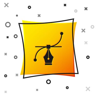 Siyah Bezier eğrisi simgesi beyaz arka planda yalıtılmış. Kalem araç simgesi. Sarı kare düğmesi. Vektör İllüstrasyonu