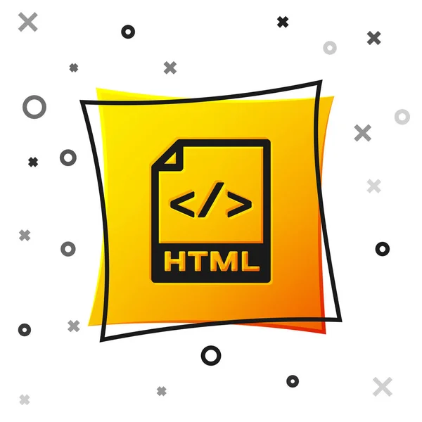 Ícone de documento de arquivo HTML preto. Baixar ícone de botão html isolado no fundo branco. Símbolo de arquivo HTML. Símbolo de linguagem de marcação. Botão quadrado amarelo. Ilustração vetorial — Vetor de Stock