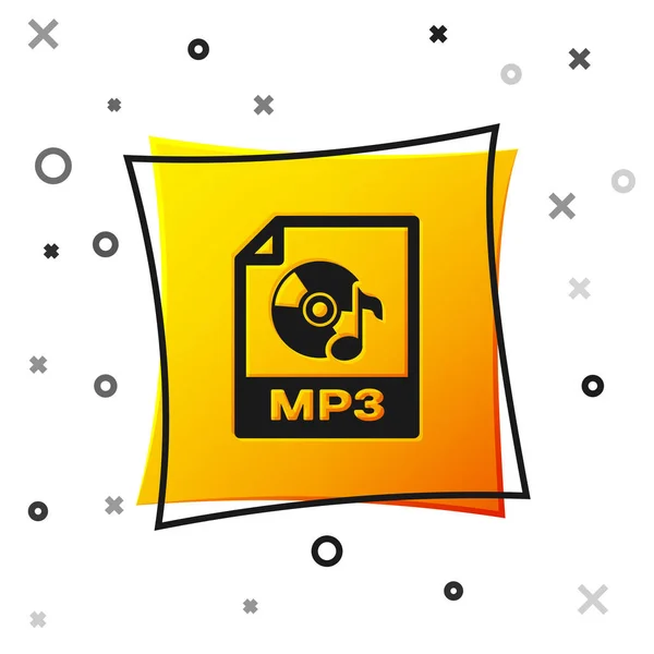 Черный значок документа в формате MP3. Иконка кнопки mp3 выделена на белом фоне. Знак музыкального формата Mp3. Символ MP3 файла. Желтая квадратная кнопка. Векторная миграция — стоковый вектор