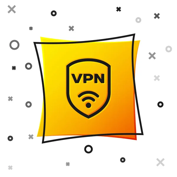 Black Shield com VPN e wifi ícone símbolo de rede de internet sem fio isolado no fundo branco. VPN proteger conceito de segurança. Botão quadrado amarelo. Ilustração vetorial — Vetor de Stock