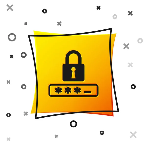 Black Password protection and safety access icon isolated on white background. Ícone de bloqueio. Segurança, segurança, proteção, conceito de privacidade. Botão quadrado amarelo. Ilustração vetorial — Vetor de Stock