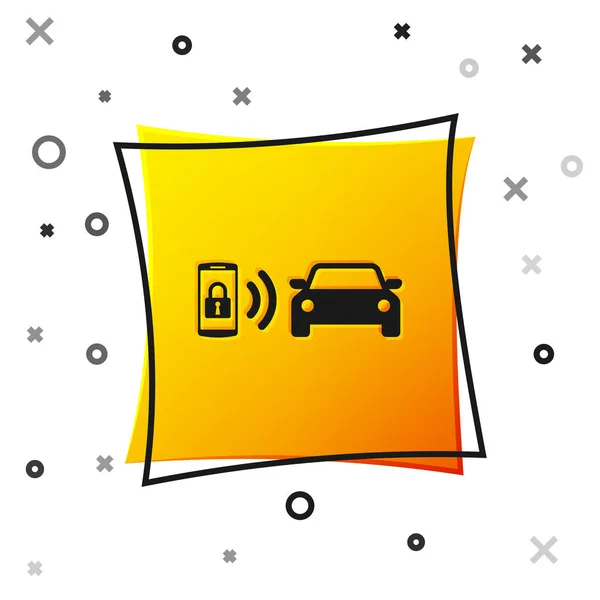 Icona del sistema di allarme auto Smart nero isolato su sfondo bianco. Lo smartphone controlla la sicurezza dell'auto tramite wireless. Pulsante quadrato giallo. Illustrazione vettoriale — Vettoriale Stock