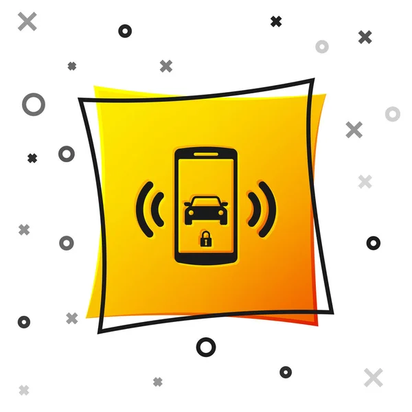 Icono del sistema de alarma de coche inteligente negro aislado sobre fondo blanco. El teléfono inteligente controla la seguridad del coche en el inalámbrico. Botón cuadrado amarillo. Ilustración vectorial — Archivo Imágenes Vectoriales