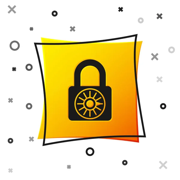 Black Safe ícone de roda de bloqueio combinação isolada no fundo branco. Cadeado combinado. Segurança, segurança, proteção, senha, conceito de privacidade. Botão quadrado amarelo. Ilustração vetorial — Vetor de Stock