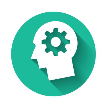 Beyaz insan kafası ve uzun gölgeli bir ikonun içindeki ekipman. Yapay zeka. Beyin işaretini düşünüyorum. Beynin sembol çalışması. Yeşil daire düğmesi. Vektör İllüstrasyonu