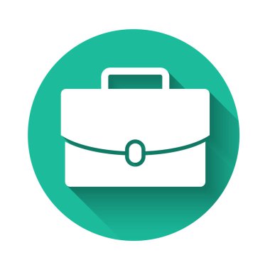 Beyaz Evrak Çantası simgesi uzun gölgede izole edildi. İş ilanı. İş portföyü. Yeşil daire düğmesi. Vektör İllüstrasyonu