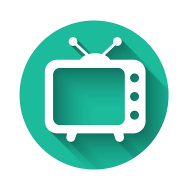 Uzun gölgeli beyaz televizyon simgesi. Televizyon tabelası. Yeşil daire düğmesi. Vektör İllüstrasyonu