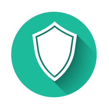 Beyaz Kalkan simgesi uzun gölgeli izole edilmiş. Gardiyan. Yeşil daire düğmesi. Vektör İllüstrasyonu