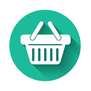 Uzun gölgeli beyaz alışveriş sepeti ikonu. Yeşil daire düğmesi. Vektör İllüstrasyonu