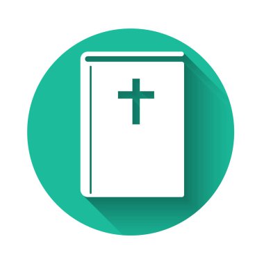 Uzun gölgeli beyaz kutsal İncil ikonu. Yeşil daire düğmesi. Vektör İllüstrasyonu
