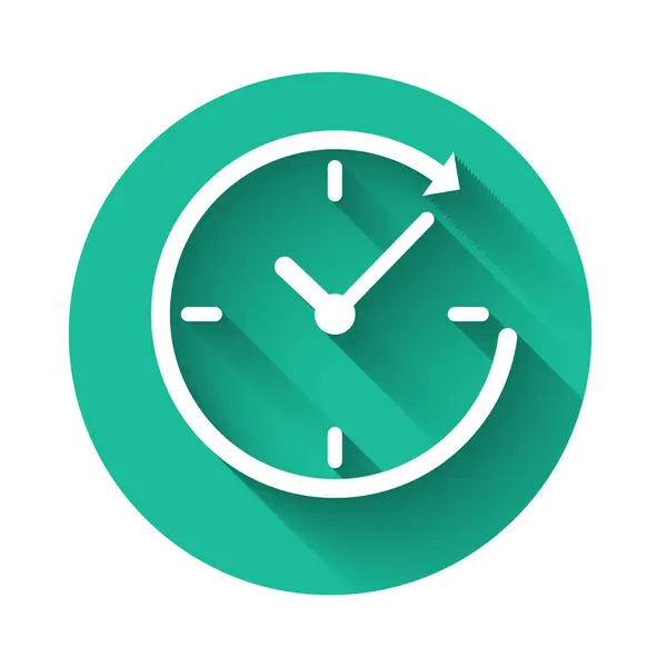 White Clock with arrow icon isolated with long shadow. Time symbol. Clockwise rotation icon arrow and time. Green circle button. Vector Illustration — Stock Vector