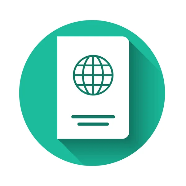Passeport blanc avec icône de données biométriques isolé avec une ombre longue. Document d'identité. Bouton rond vert. Illustration vectorielle — Image vectorielle