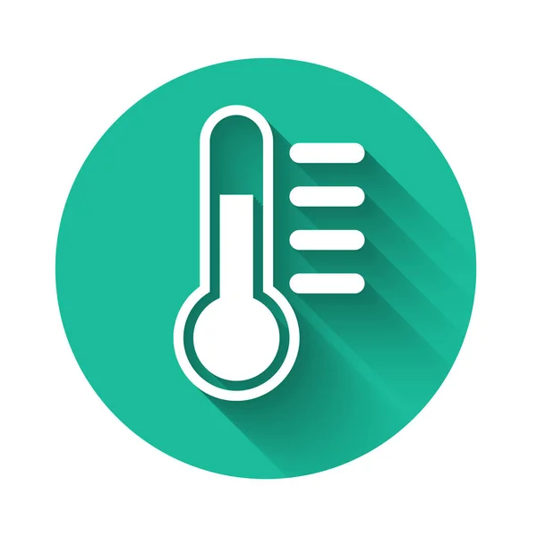 White Thermometer icon isolated with long shadow. Green circle button. Vector Illustration — Stock Vector