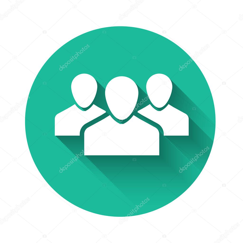 White Users group icon isolated with long shadow. Group of people icon. Business avatar symbol - users profile icon. Green circle button. Vector Illustration