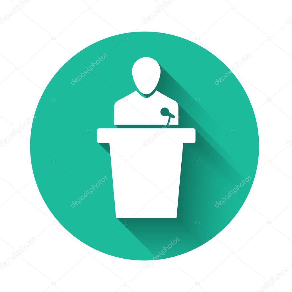 White Speaker icon isolated with long shadow. Orator speaking from tribune. Public speech. Person on podium. Green circle button. Vector Illustration
