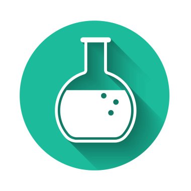 Beyaz test tüpü ve matara. Uzun gölgeli kimyasal laboratuvar ikonu. Yeşil daire düğmesi. Vektör İllüstrasyonu