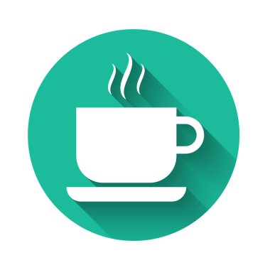 Uzun gölgeli beyaz kahve bardağı ikonu. Çay fincanı. Sıcak içecek kahvesi. Yeşil daire düğmesi. Vektör İllüstrasyonu