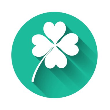 Beyaz Dört yapraklı yonca simgesi uzun gölgeli. Mutlu Aziz Patrick günleri. Yeşil daire düğmesi. Vektör İllüstrasyonu